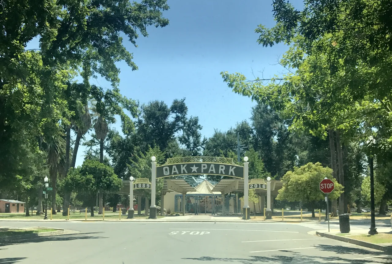 The historic Oak Park entrance arch in Sacramento